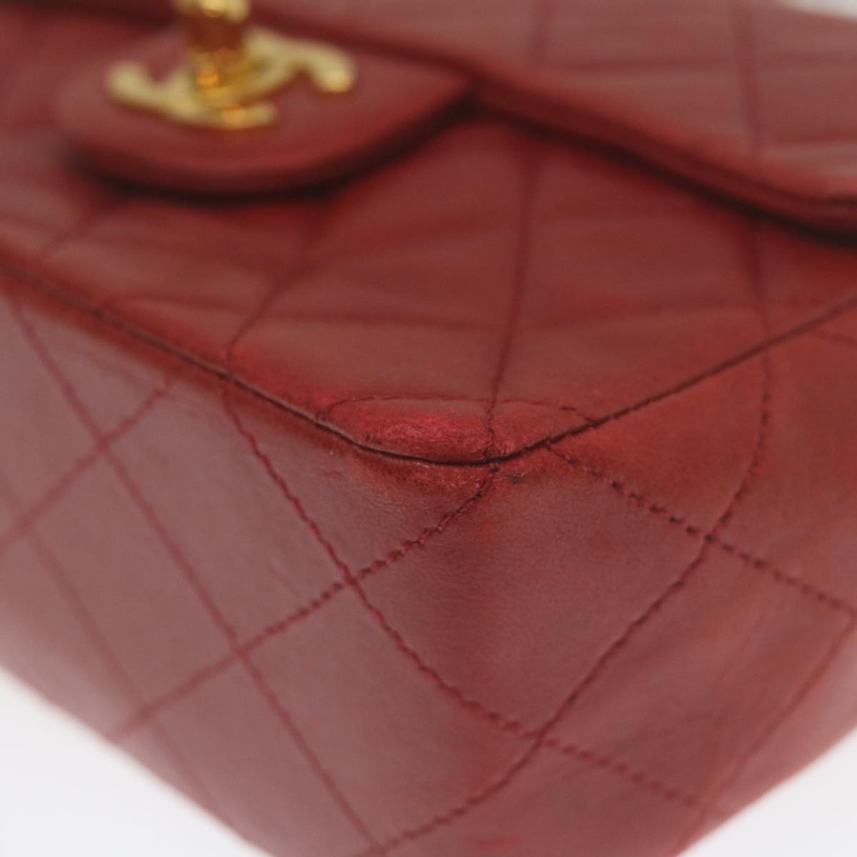 CHANEL Mini Matelasse Chain Flap Hand Bag Lamb Skin Red Gold CC Auth hs688A