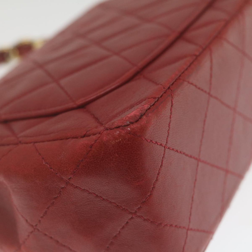 CHANEL Mini Matelasse Chain Flap Hand Bag Lamb Skin Red Gold CC Auth hs688A