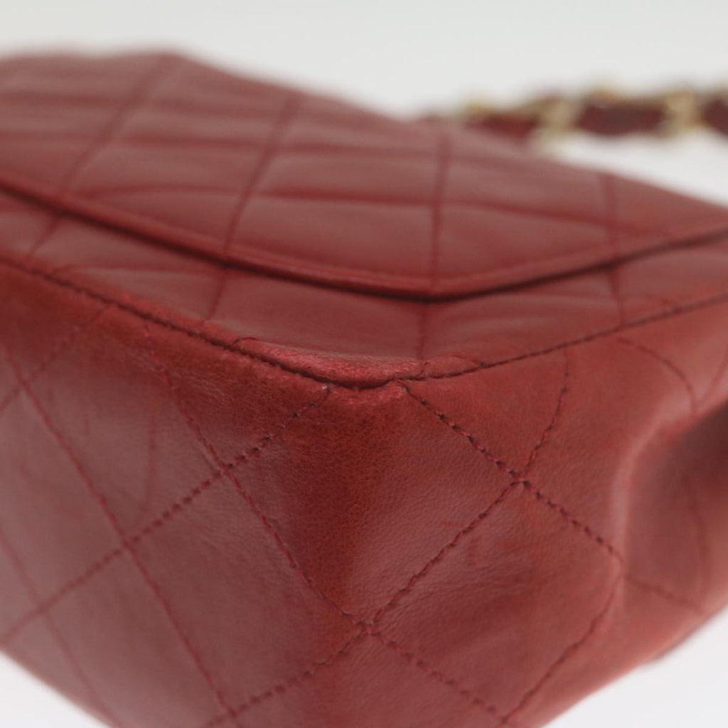 CHANEL Mini Matelasse Chain Flap Hand Bag Lamb Skin Red Gold CC Auth hs688A