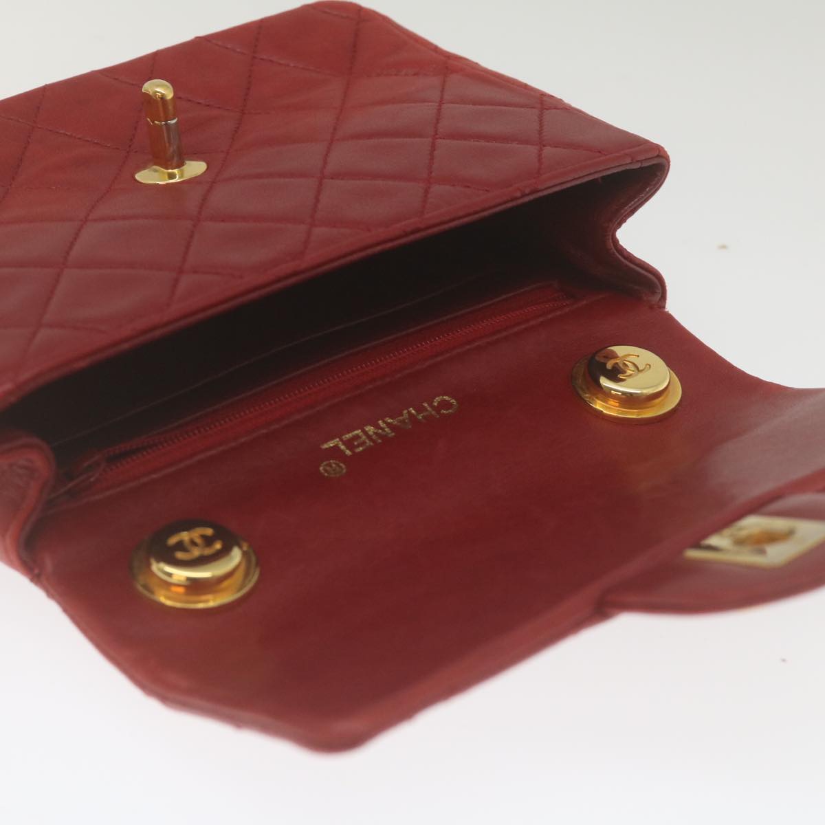 CHANEL Mini Matelasse Chain Flap Hand Bag Lamb Skin Red Gold CC Auth hs688A