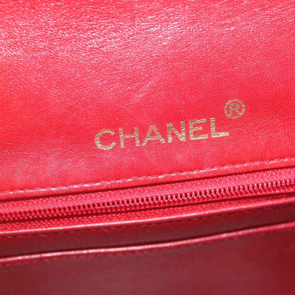 CHANEL Mini Matelasse Chain Flap Hand Bag Lamb Skin Red Gold CC Auth hs688A
