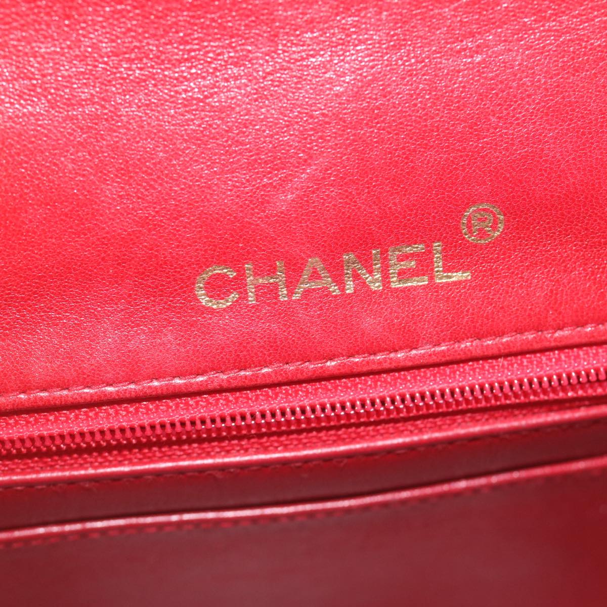 CHANEL Mini Matelasse Chain Flap Hand Bag Lamb Skin Red Gold CC Auth hs688A