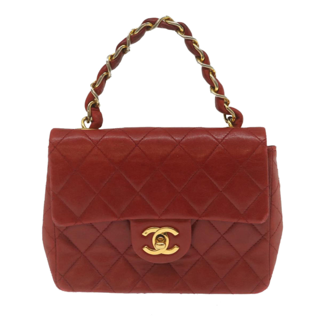 CHANEL Mini Matelasse Chain Flap Hand Bag Lamb Skin Red Gold CC Auth hs688A
