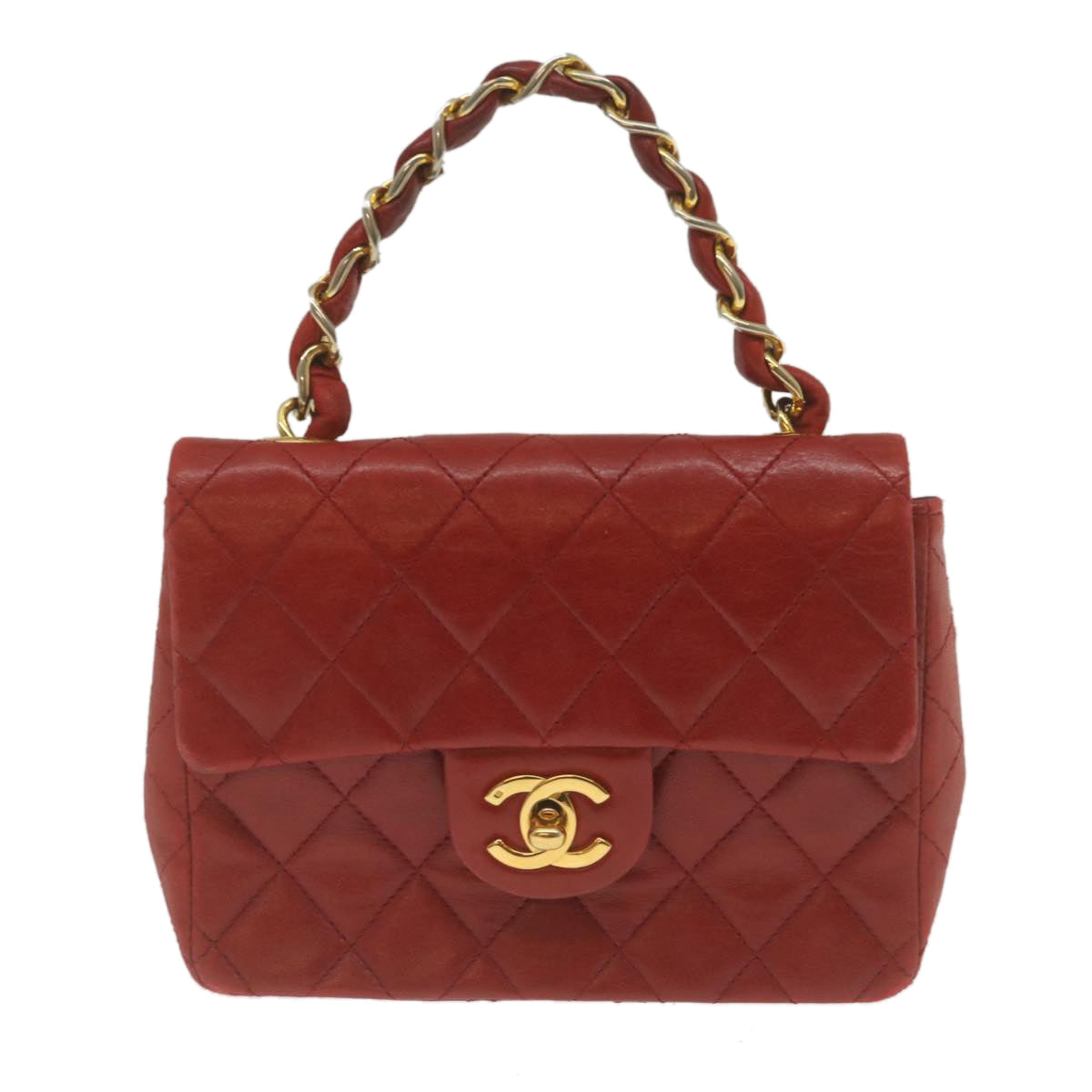 CHANEL Mini Matelasse Chain Flap Hand Bag Lamb Skin Red Gold CC Auth hs688A