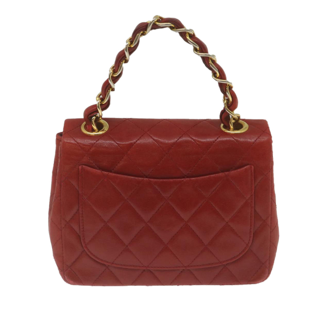 CHANEL Mini Matelasse Chain Flap Hand Bag Lamb Skin Red Gold CC Auth hs688A