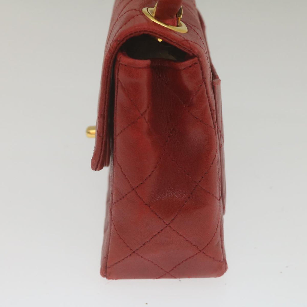 CHANEL Mini Matelasse Chain Flap Hand Bag Lamb Skin Red Gold CC Auth hs688A