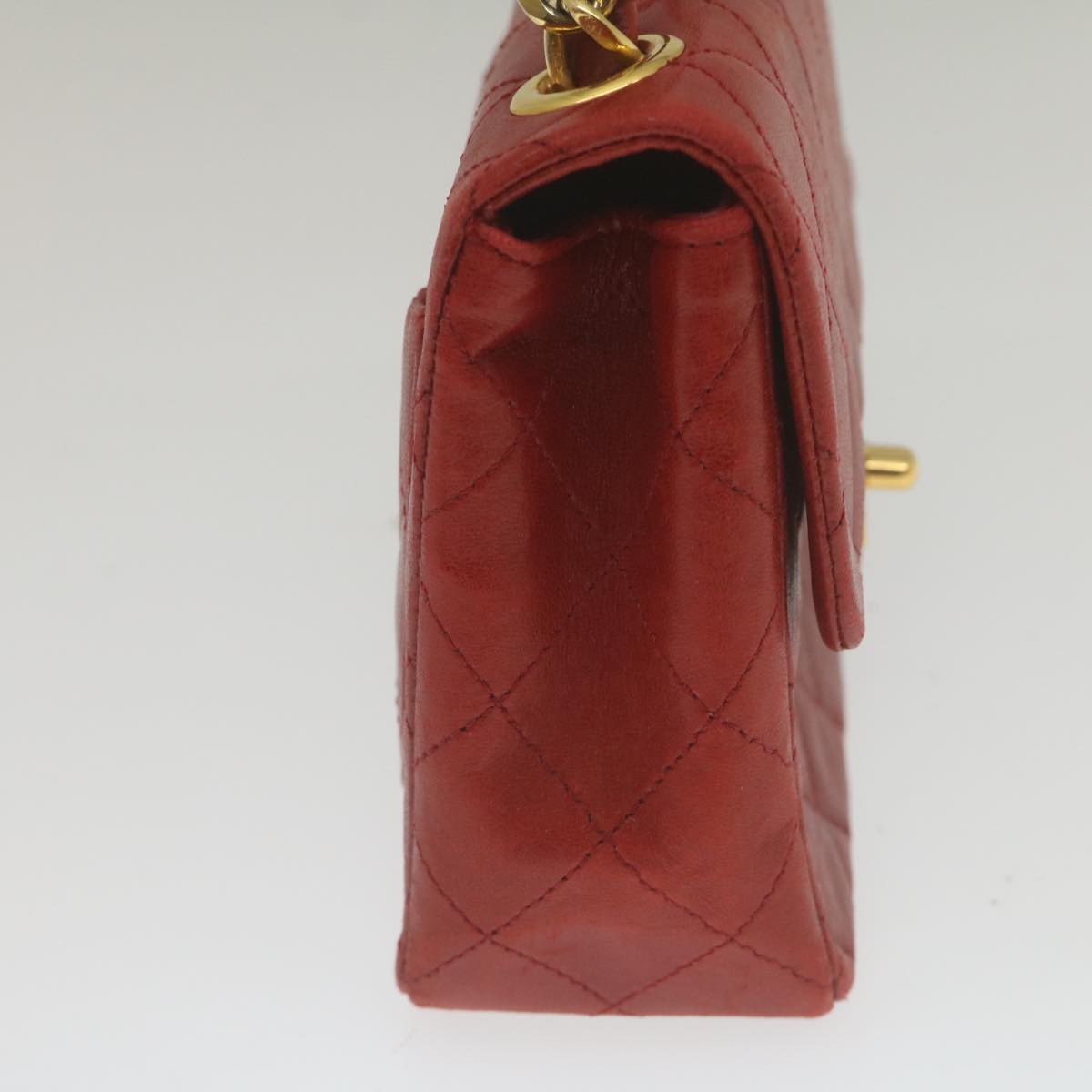 CHANEL Mini Matelasse Chain Flap Hand Bag Lamb Skin Red Gold CC Auth hs688A