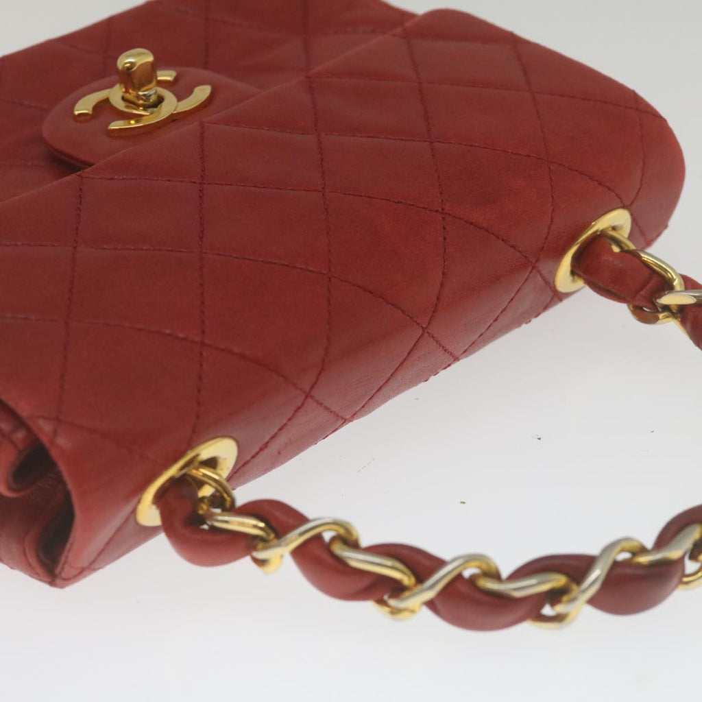 CHANEL Mini Matelasse Chain Flap Hand Bag Lamb Skin Red Gold CC Auth hs688A