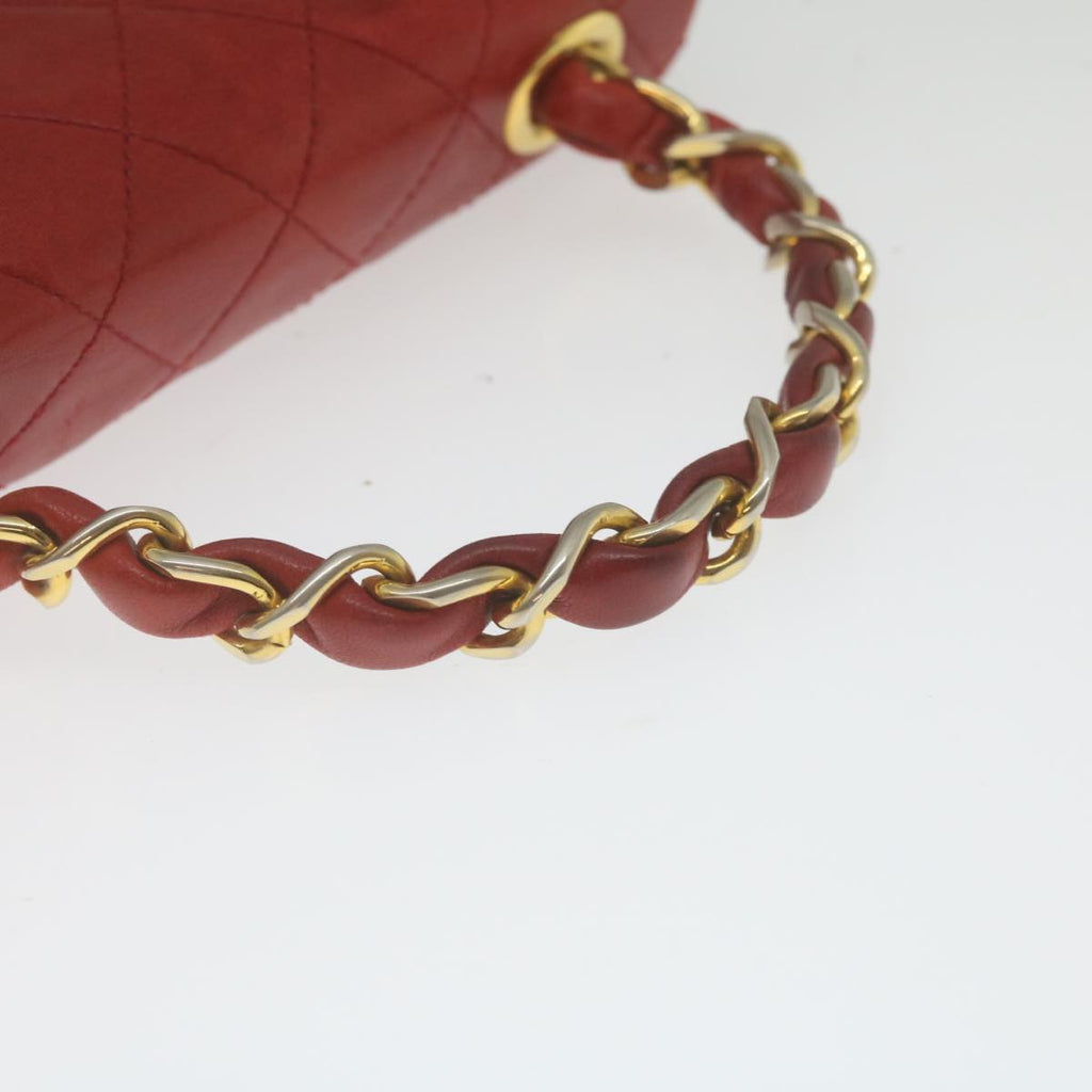 CHANEL Mini Matelasse Chain Flap Hand Bag Lamb Skin Red Gold CC Auth hs688A