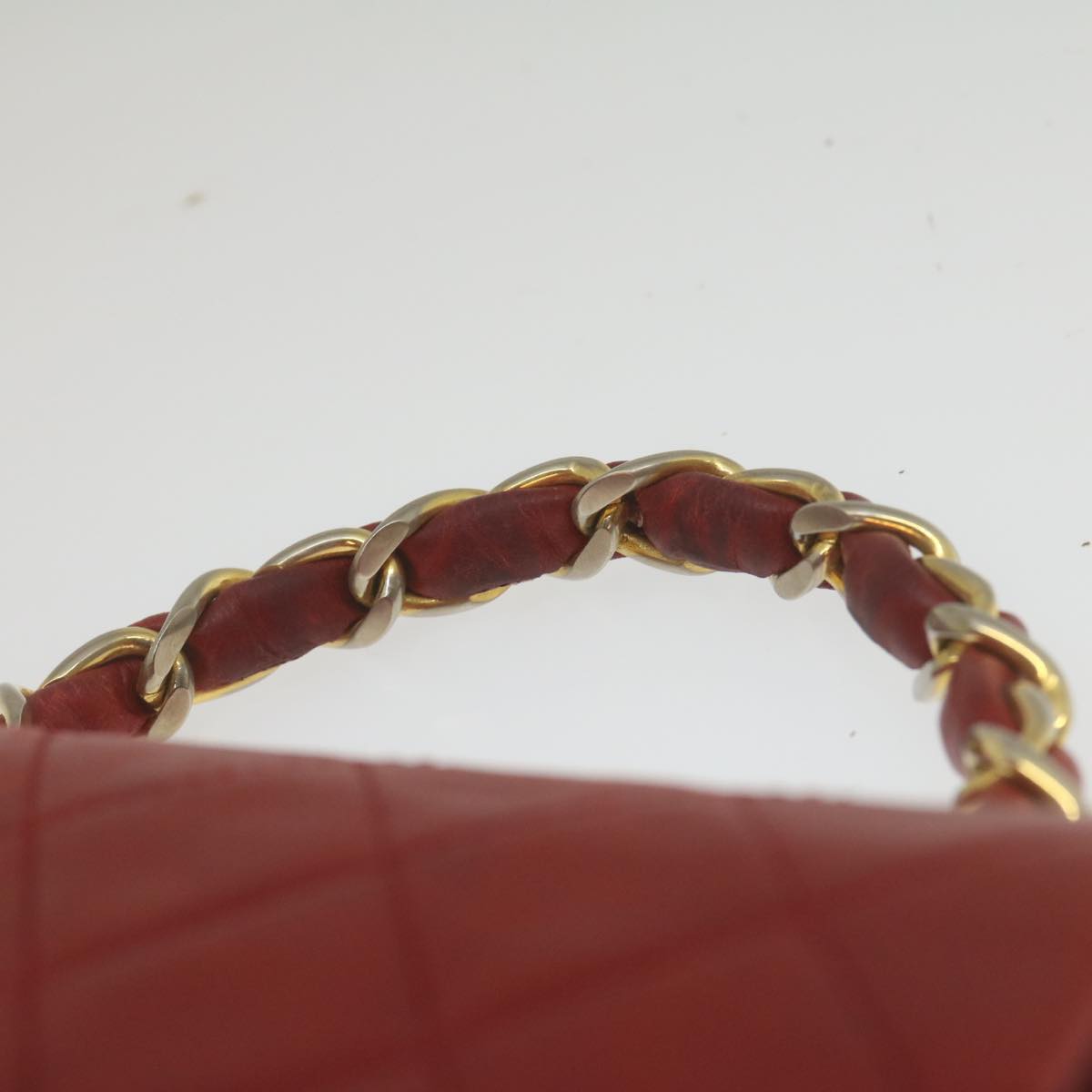 CHANEL Mini Matelasse Chain Flap Hand Bag Lamb Skin Red Gold CC Auth hs688A