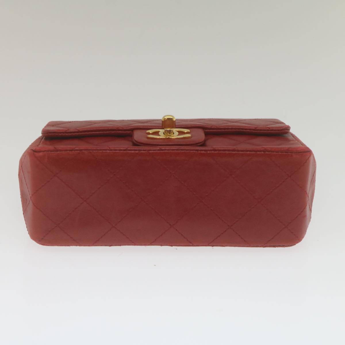 CHANEL Mini Matelasse Chain Flap Hand Bag Lamb Skin Red Gold CC Auth hs688A
