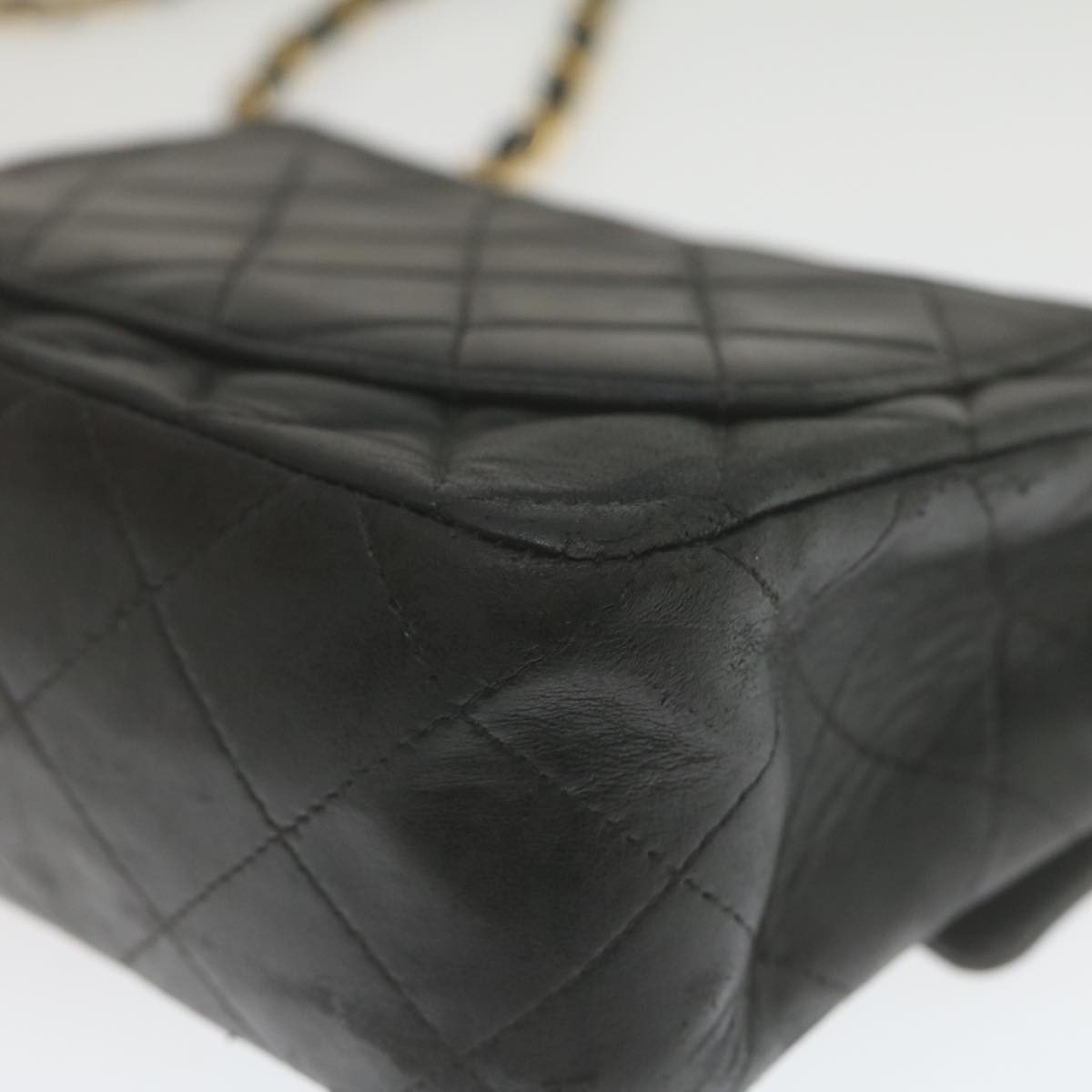 CHANEL Mini Matelasse Chain Flap Shoulder Bag Lamb Skin Black Gold Auth hs689A