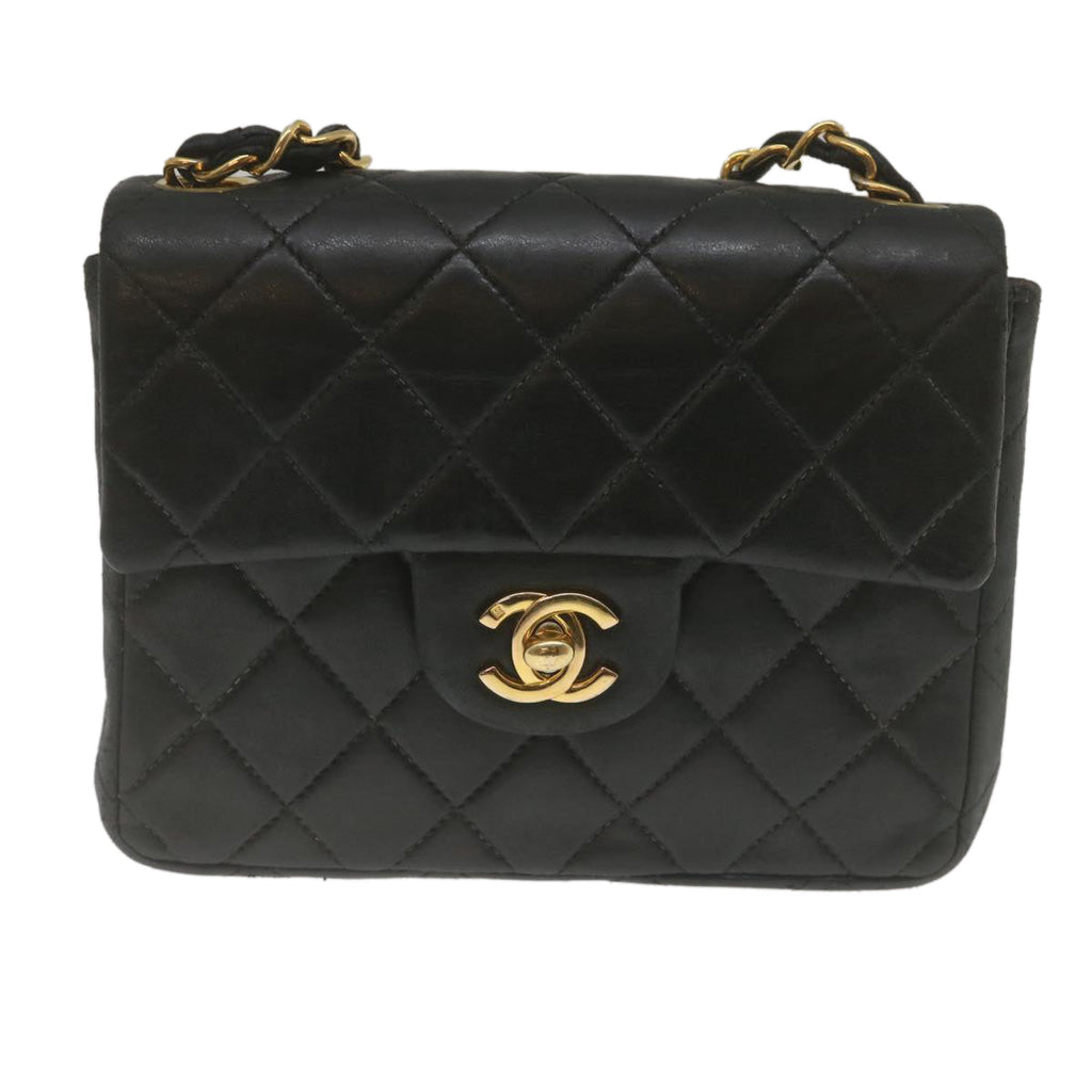 CHANEL Mini Matelasse Chain Flap Shoulder Bag Lamb Skin Black Gold  hs689A