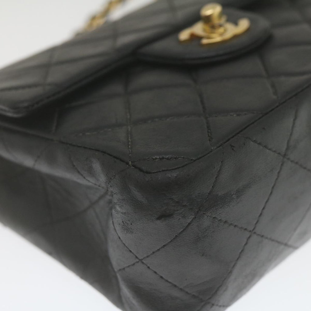 CHANEL Mini Matelasse Chain Flap Shoulder Bag Lamb Skin Black Gold  hs689A