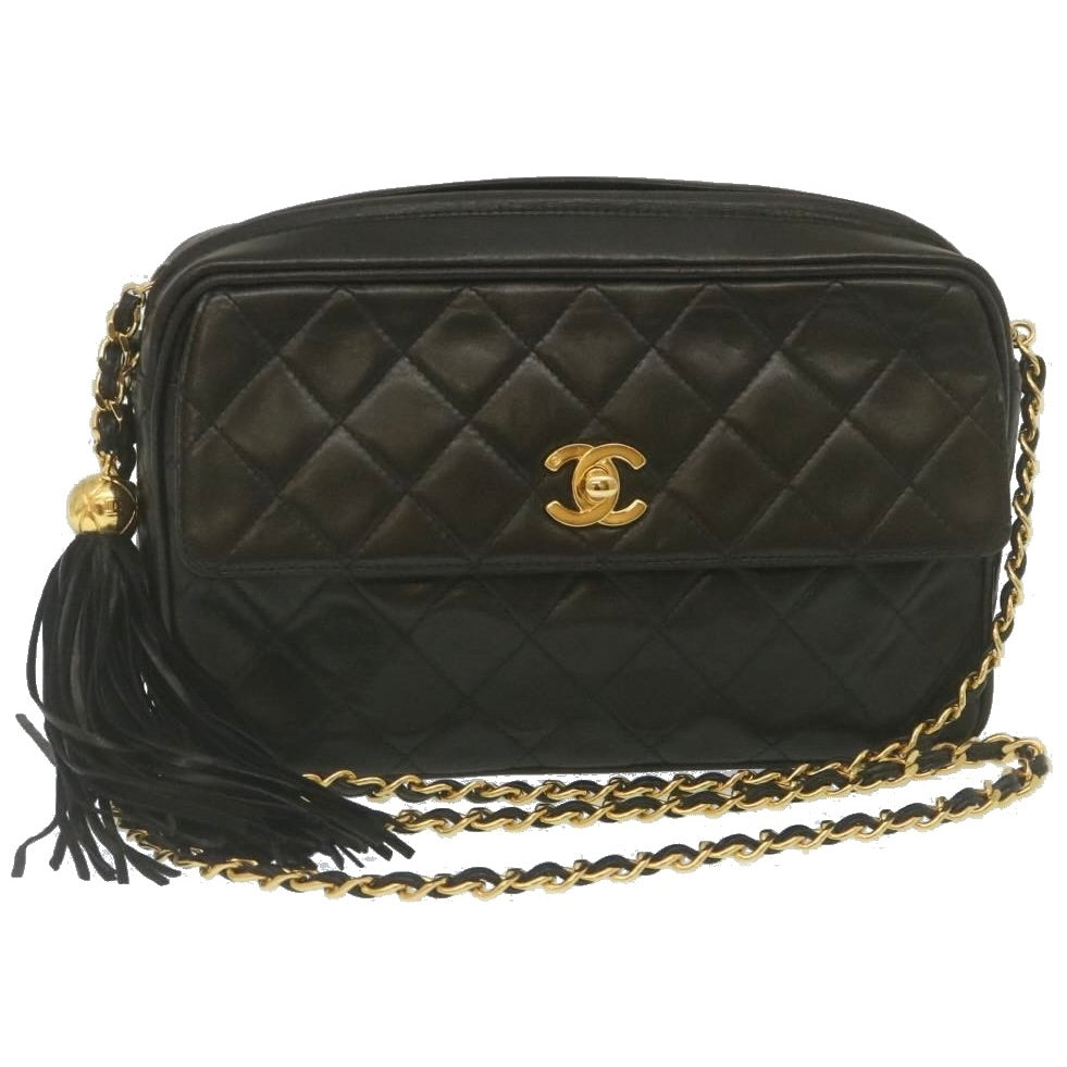 CHANEL Matelasse Chain Shoulder Bag Lamb Skin Fringe Black Gold CC  hs691A