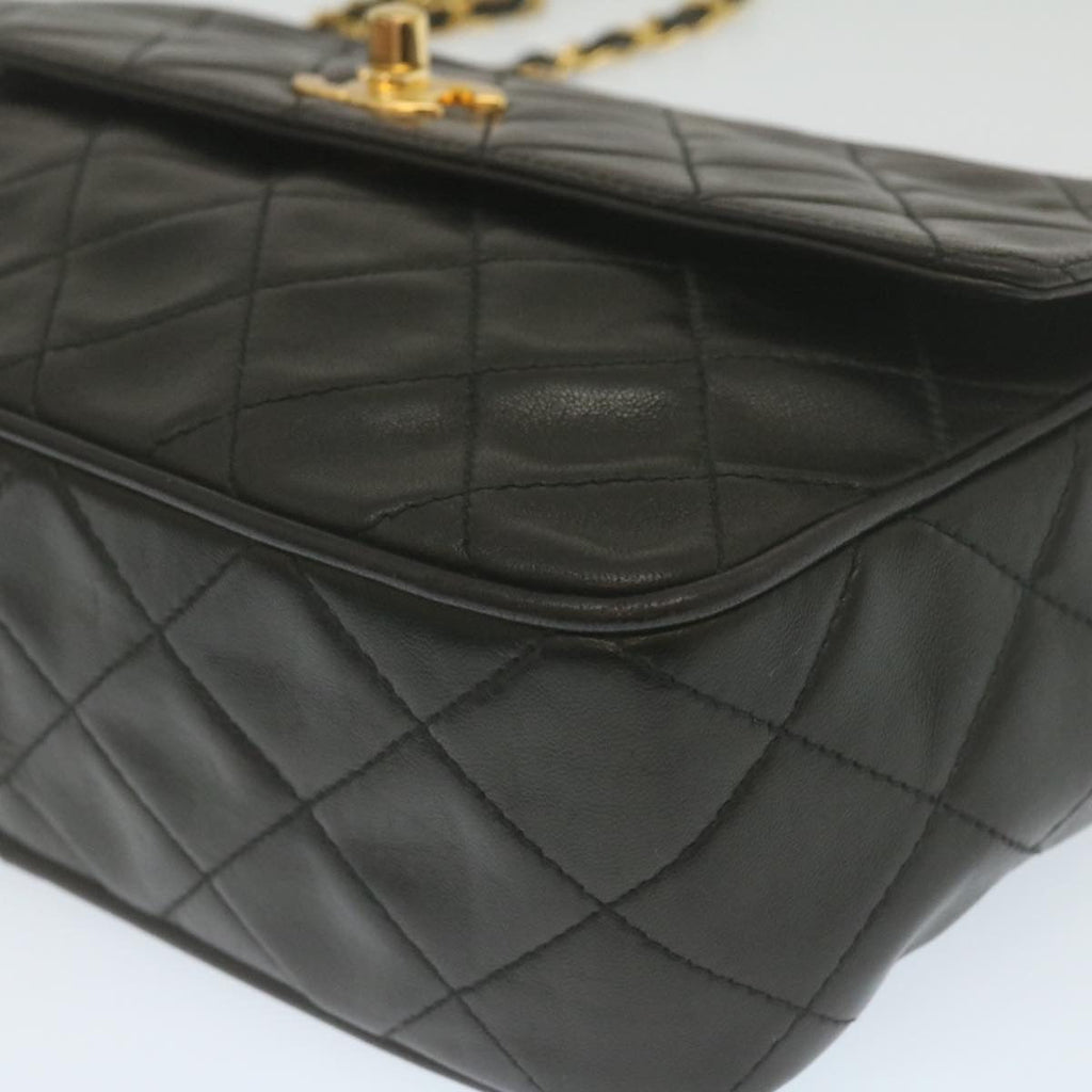 CHANEL Matelasse Chain Shoulder Bag Lamb Skin Fringe Black Gold CC  hs691A