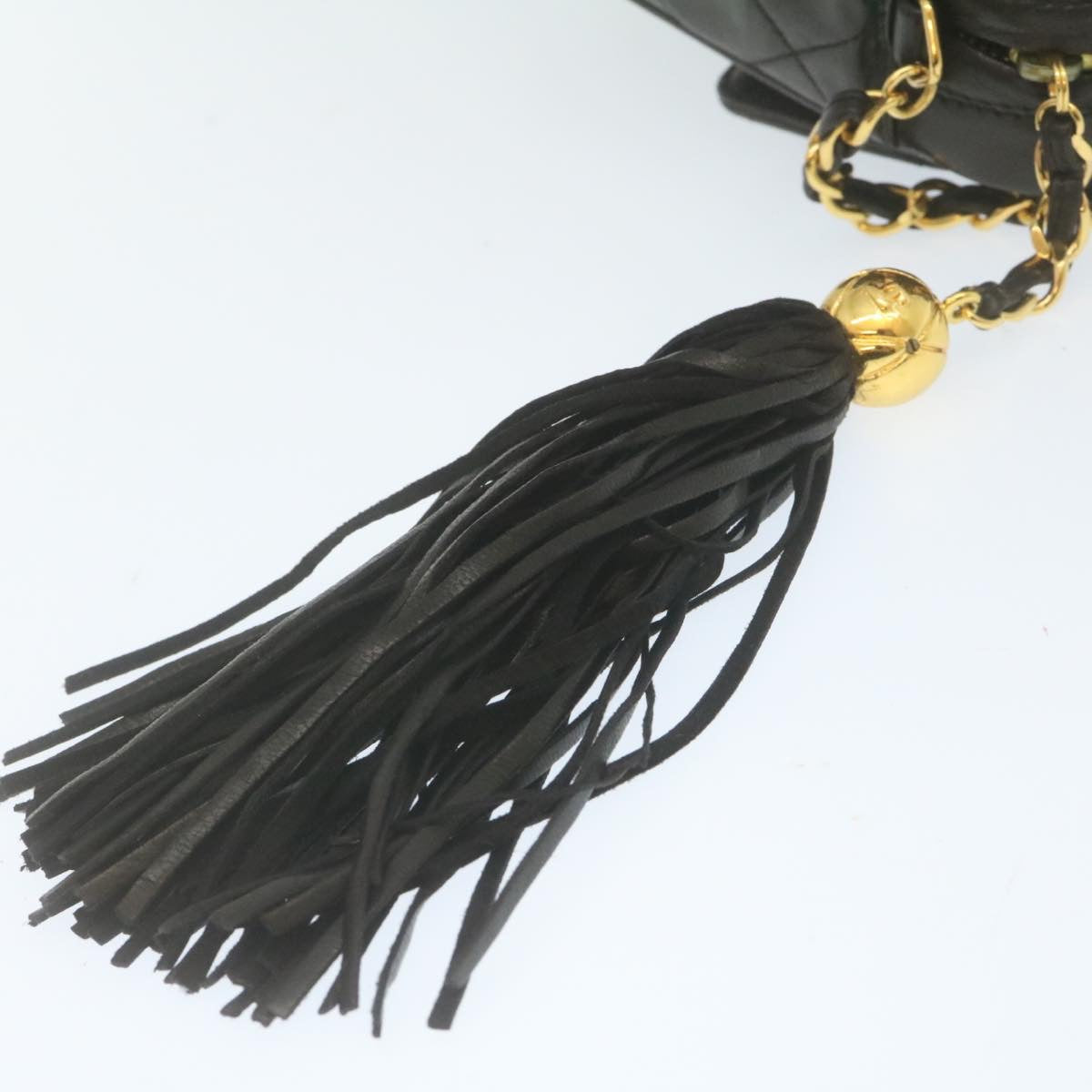 CHANEL Matelasse Chain Shoulder Bag Lamb Skin Fringe Black Gold CC  hs691A
