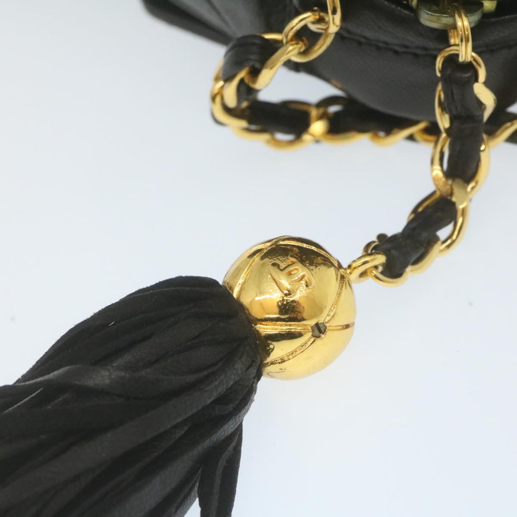 CHANEL Matelasse Chain Shoulder Bag Lamb Skin Fringe Black Gold CC  hs691A