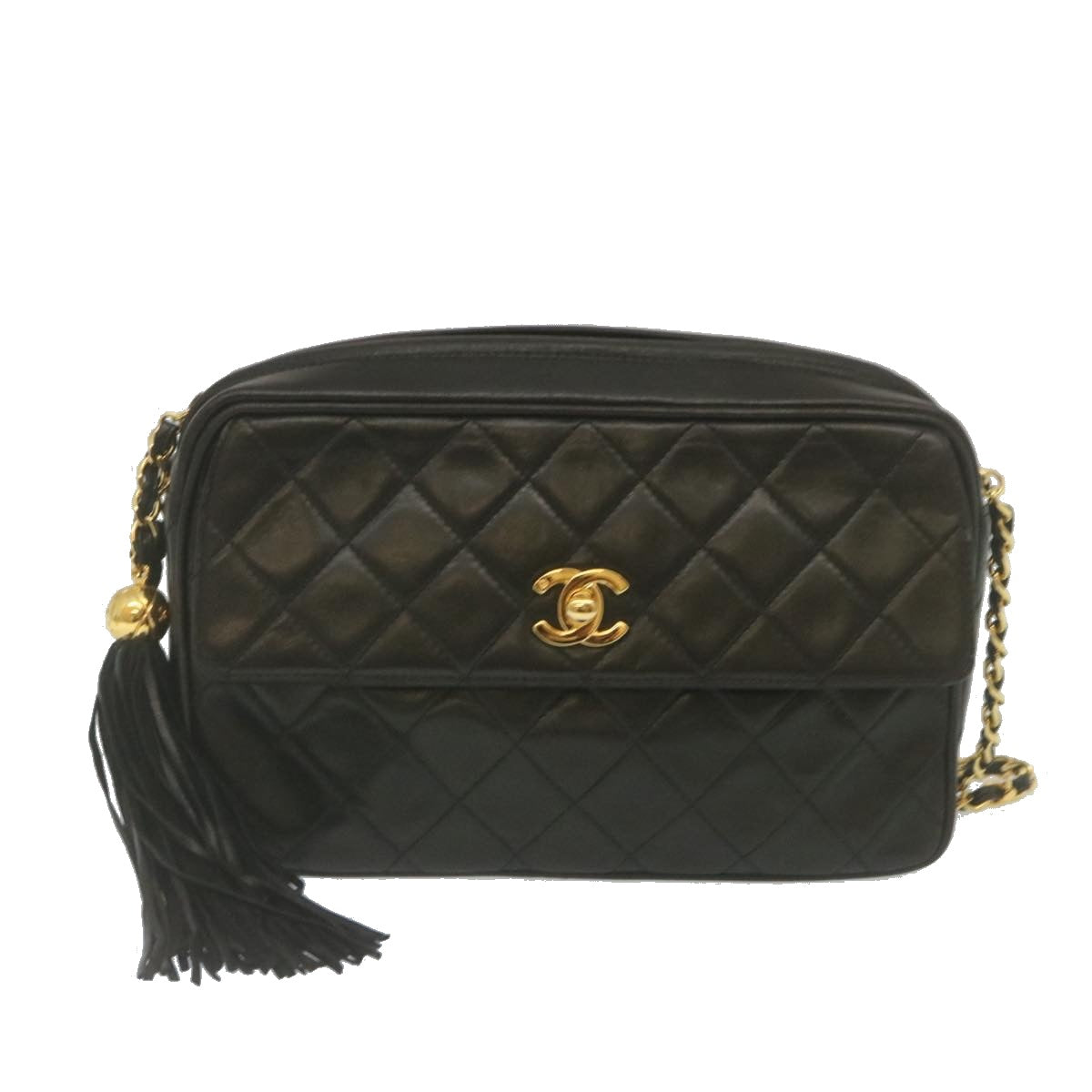 CHANEL Matelasse Chain Shoulder Bag Lamb Skin Fringe Black Gold CC  hs691A