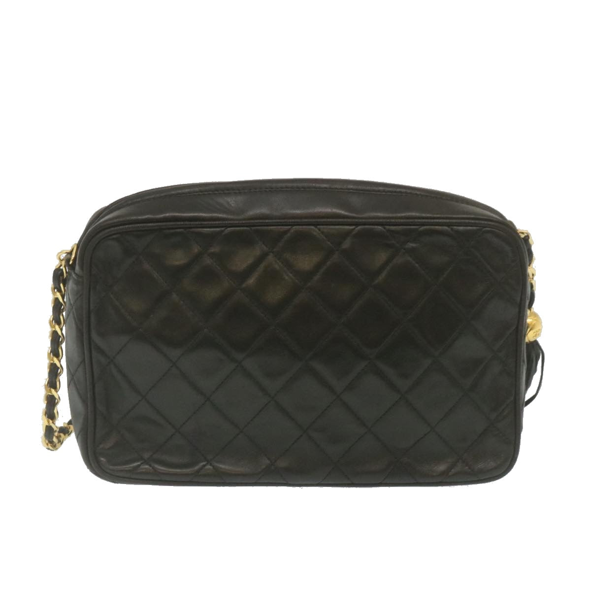 CHANEL Matelasse Chain Shoulder Bag Lamb Skin Fringe Black Gold CC  hs691A