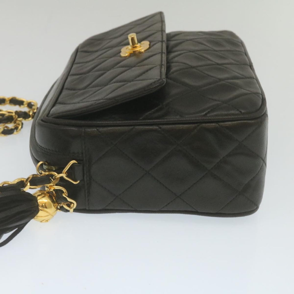 CHANEL Matelasse Chain Shoulder Bag Lamb Skin Fringe Black Gold CC  hs691A