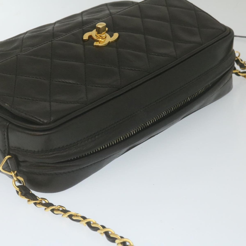 CHANEL Matelasse Chain Shoulder Bag Lamb Skin Fringe Black Gold CC  hs691A