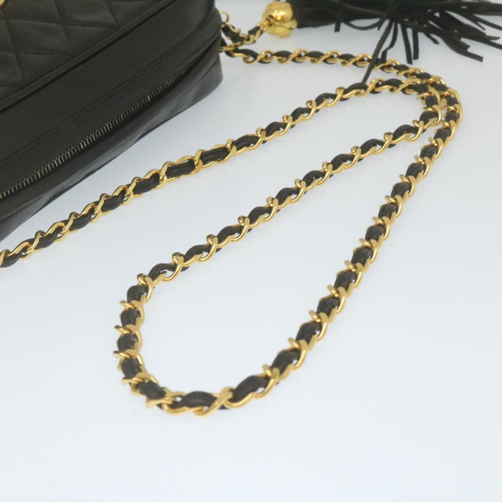 CHANEL Matelasse Chain Shoulder Bag Lamb Skin Fringe Black Gold CC  hs691A