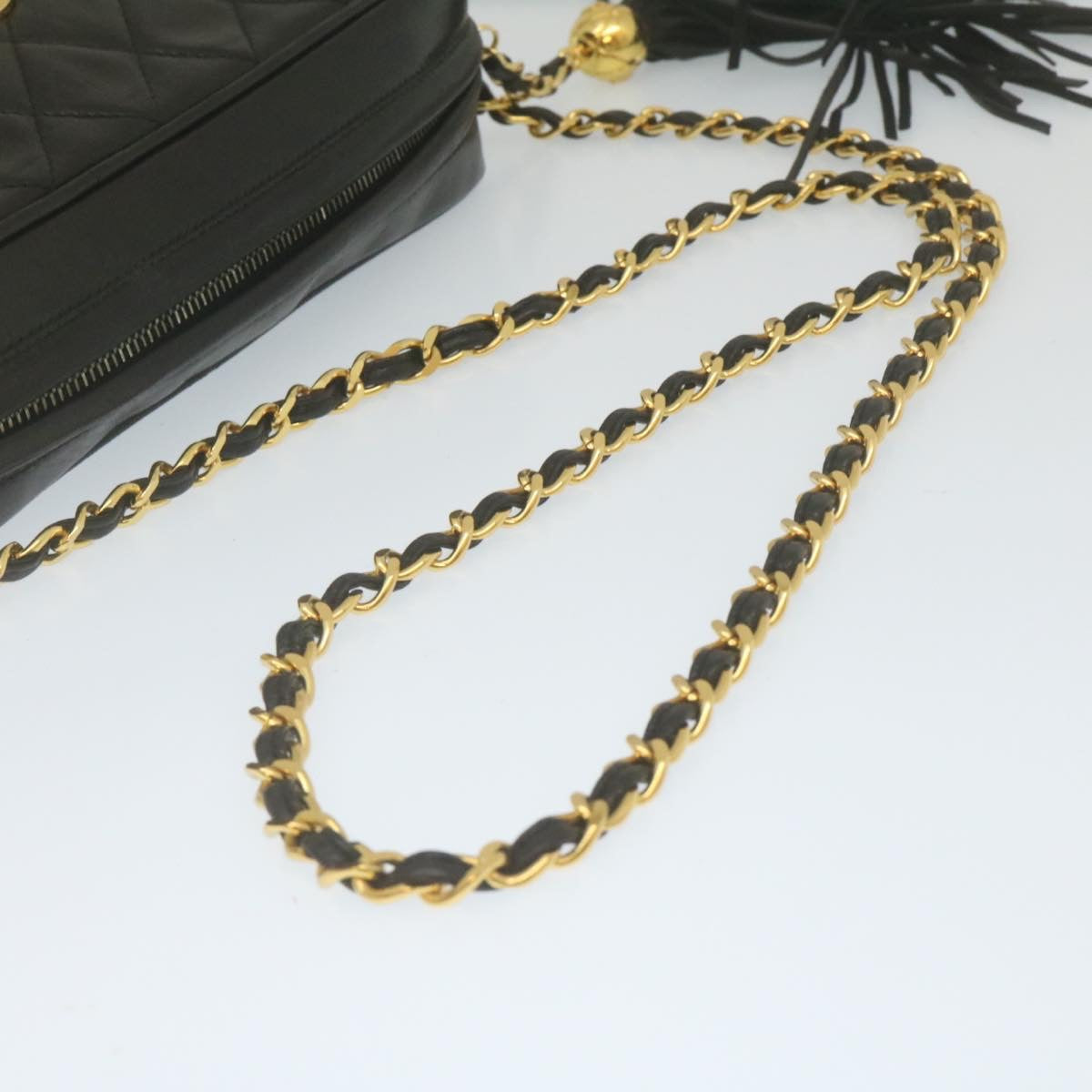 CHANEL Matelasse Chain Shoulder Bag Lamb Skin Fringe Black Gold CC  hs691A