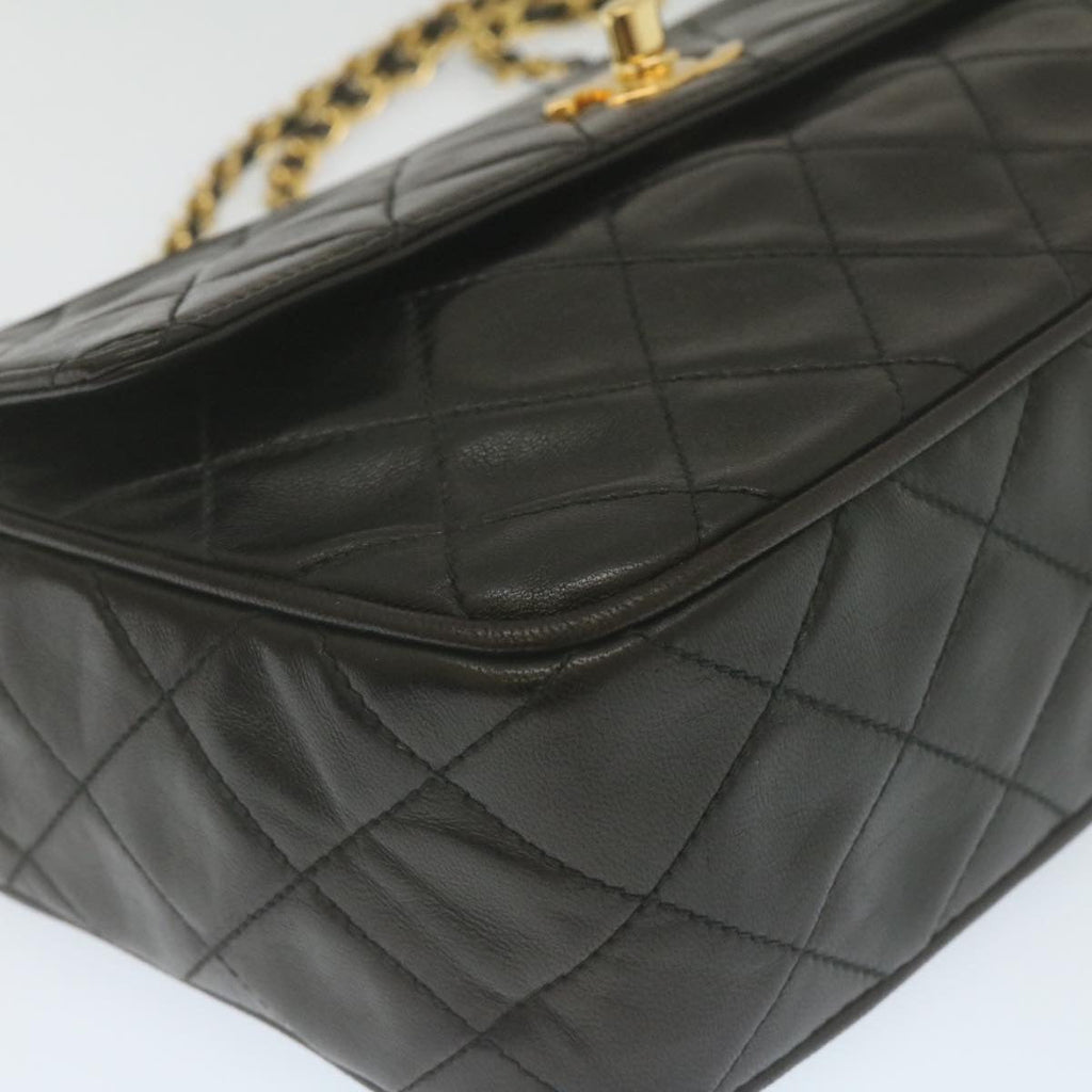 CHANEL Matelasse Chain Shoulder Bag Lamb Skin Fringe Black Gold CC  hs691A