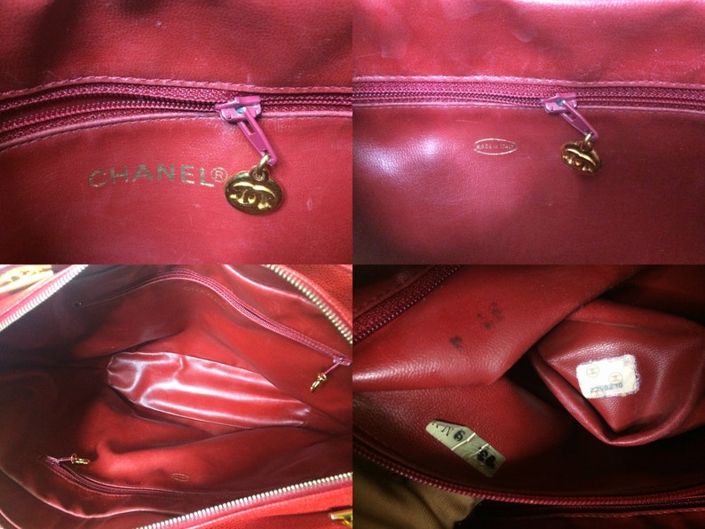 CHANEL Vintage red caviarskin v stitch, chevron style chain shoulder tote bag with golden CC ball charm
