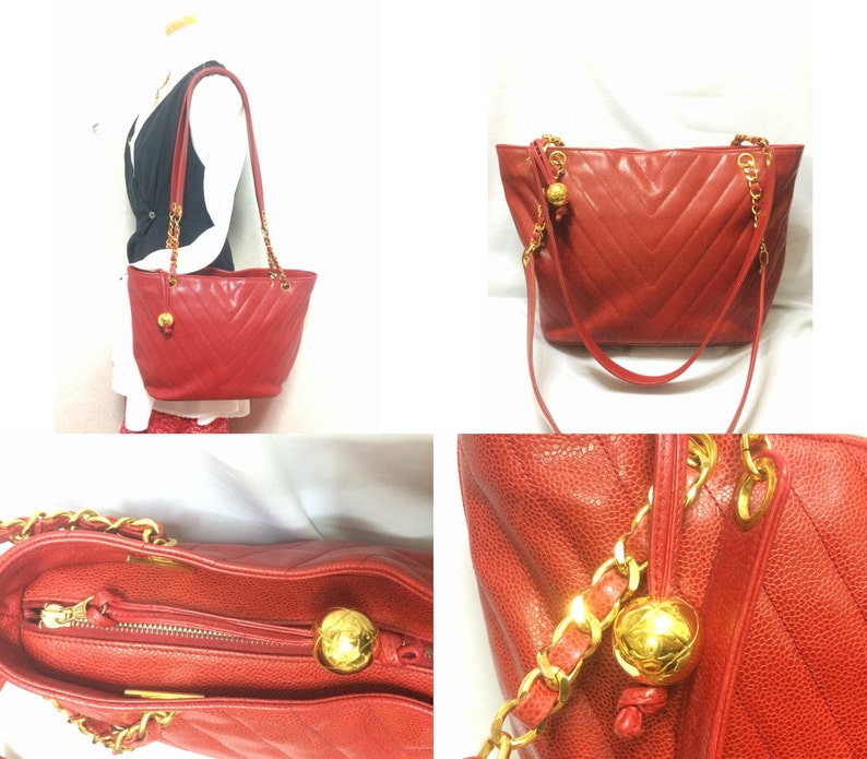 CHANEL Vintage red caviarskin v stitch, chevron style chain shoulder tote bag with golden CC ball charm