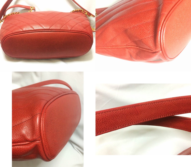 CHANEL Vintage red caviarskin v stitch, chevron style chain shoulder tote bag with golden CC ball charm