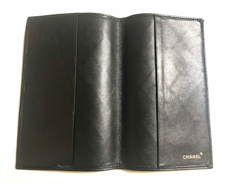 CHANEL Vintage black stitched leather book cover, diary cover, checkbook case etc