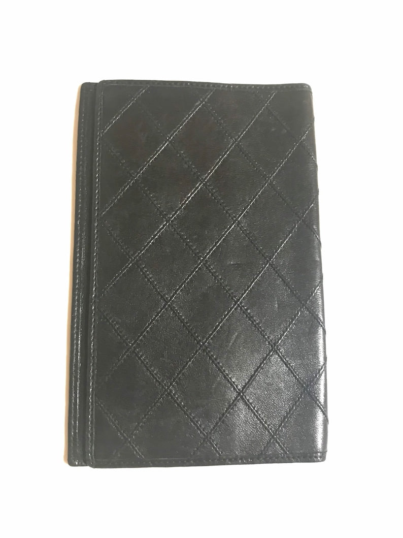 CHANEL Vintage black stitched leather book cover, diary cover, checkbook case etc