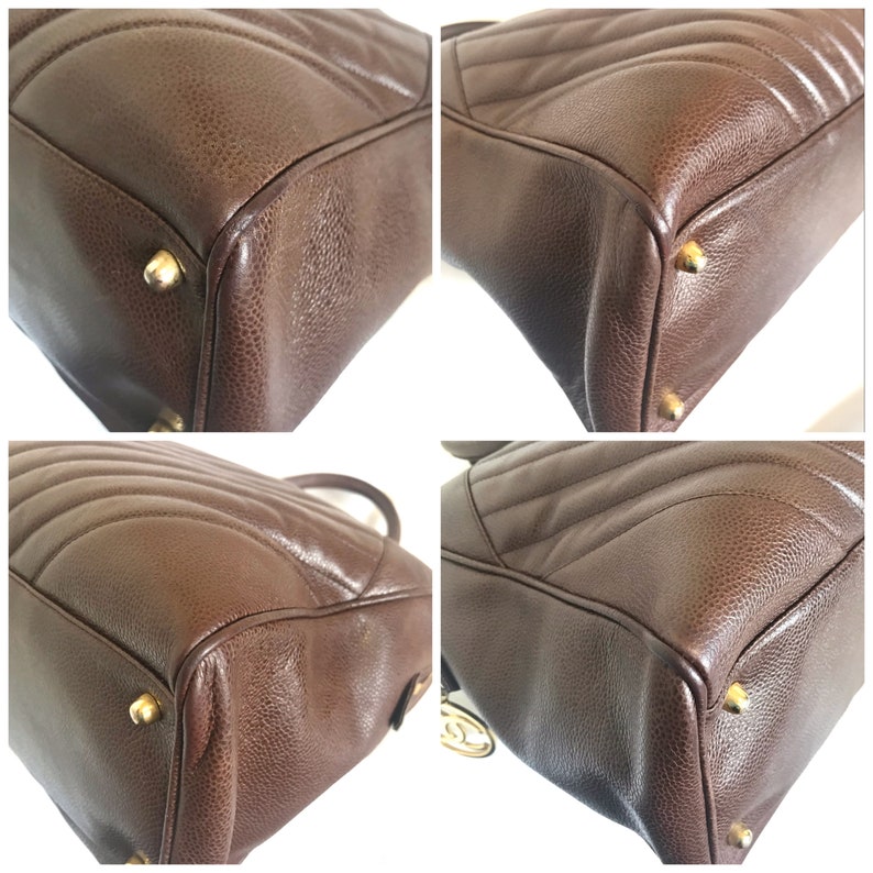 CHANEL Vintage brown caviarskin v stitch, chevron style bag, Speedy bag with golden CC charm