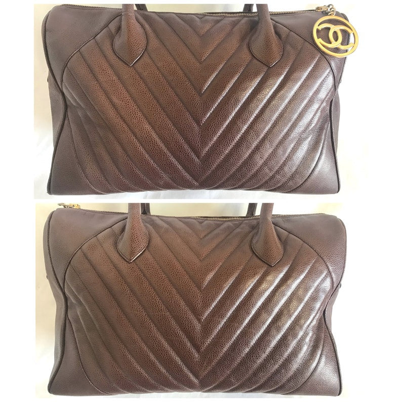 CHANEL Vintage brown caviarskin v stitch, chevron style bag, Speedy bag with golden CC charm