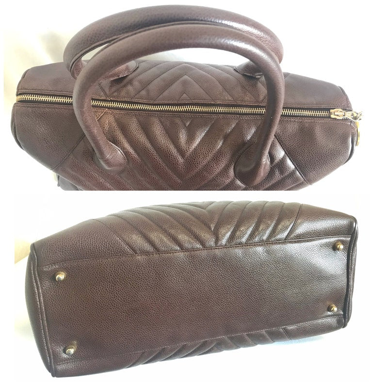 CHANEL Vintage brown caviarskin v stitch, chevron style bag, Speedy bag with golden CC charm