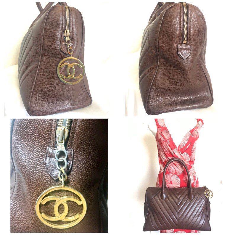 CHANEL Vintage brown caviarskin v stitch, chevron style bag, Speedy bag with golden CC charm