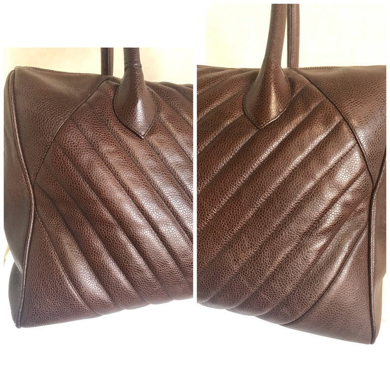 CHANEL Vintage brown caviarskin v stitch, chevron style bag, Speedy bag with golden CC charm