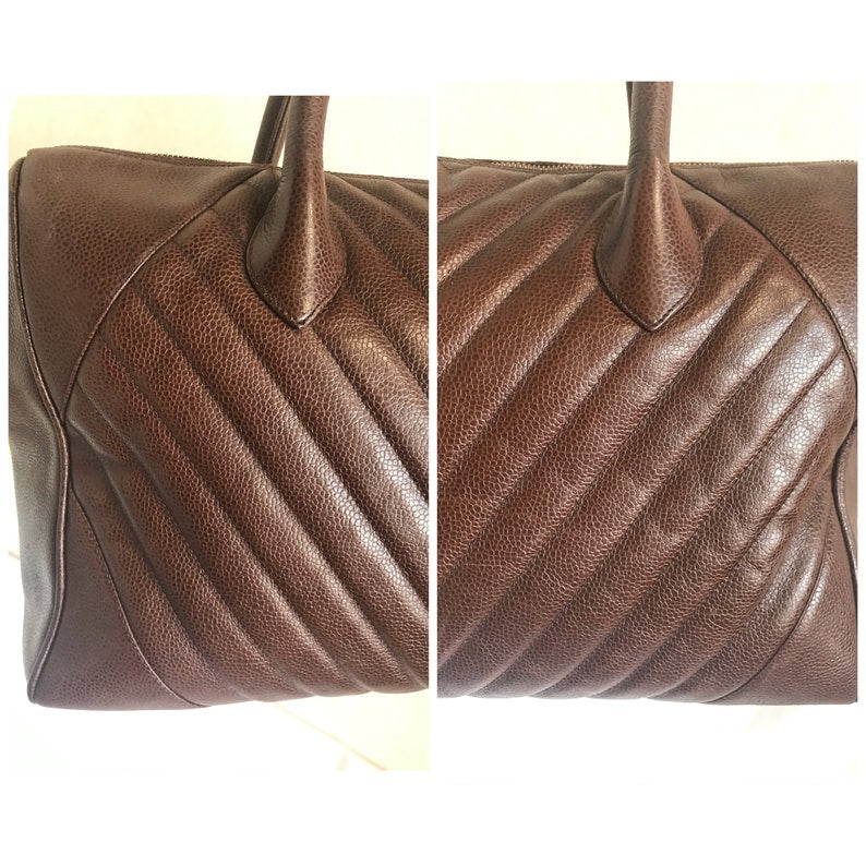 CHANEL Vintage brown caviarskin v stitch, chevron style bag, Speedy bag with golden CC charm