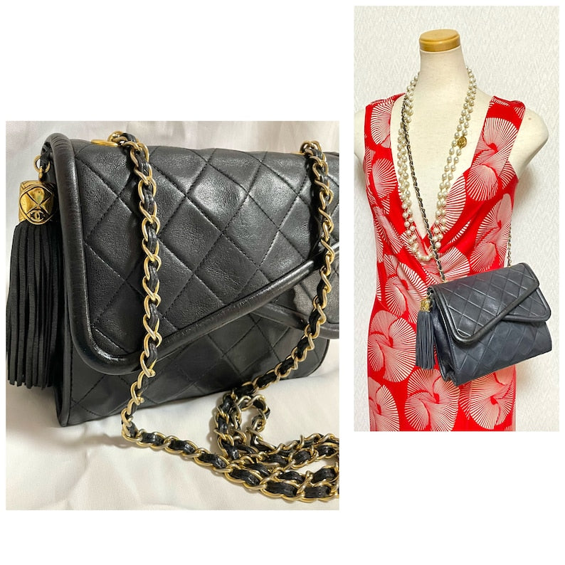 CHANEL Vintage black fringe camera bag with double flaps