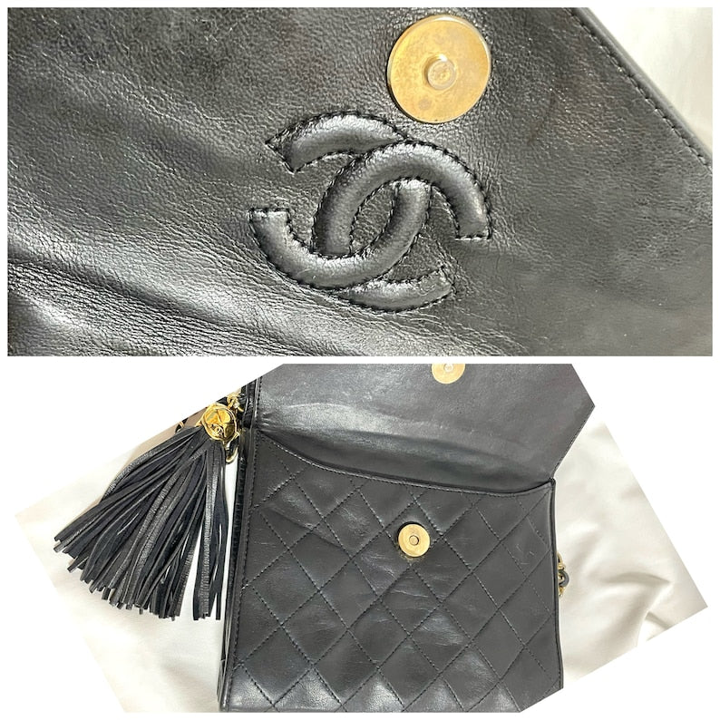 CHANEL Vintage black fringe camera bag with double flaps