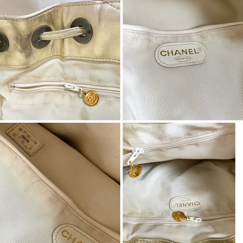 CHANEL Vintage campaign gold lamb leather hobo bucket bag with marble hoop handles and turn lock CC
