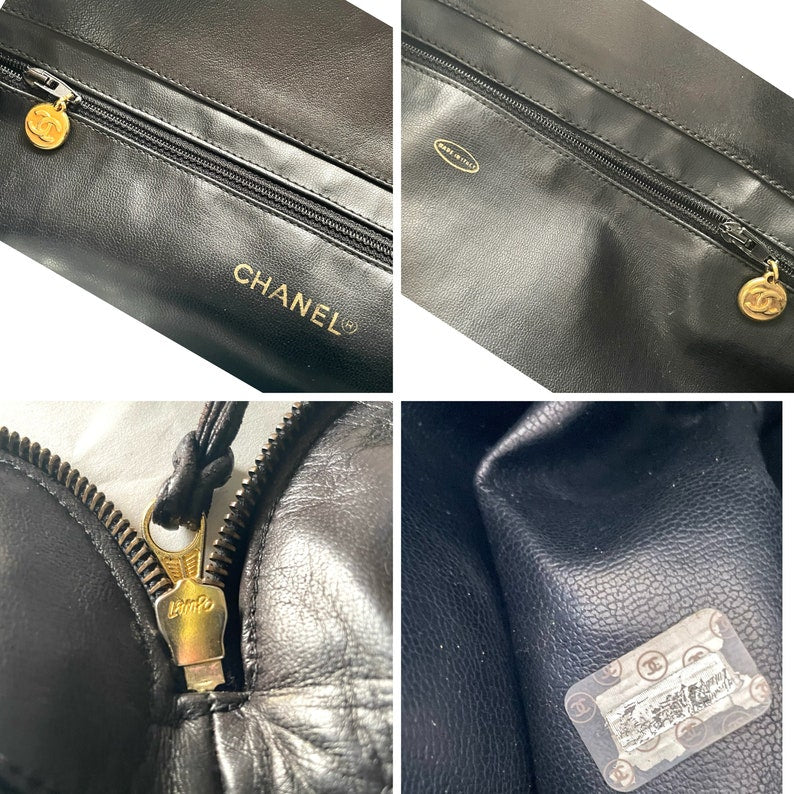 CHANEL Vintage black lambskin large tote bag with brown plastic chains and CC mark charm to the LAMPO zipper