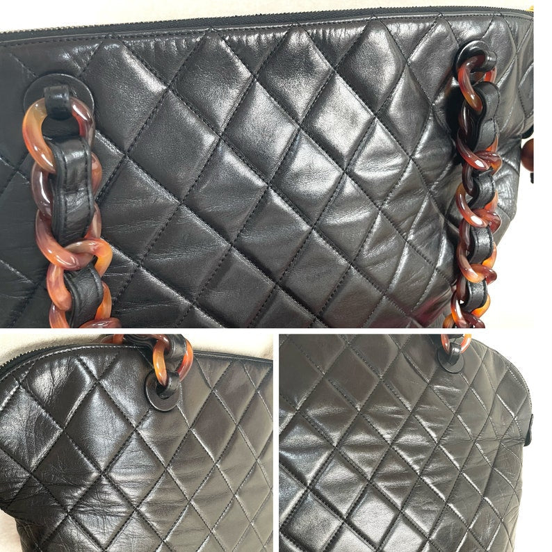 CHANEL Vintage black lambskin large tote bag with brown plastic chains and CC mark charm to the LAMPO zipper