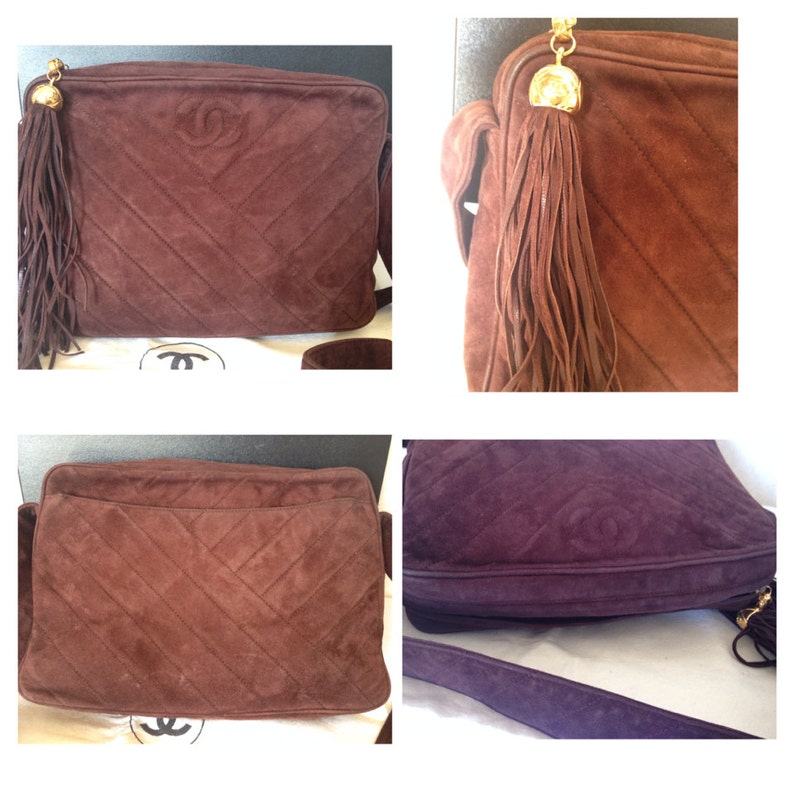 CHANEL Vintage dark brown V stitch suede leather shoulder bag with CC stitch mark and long tassel