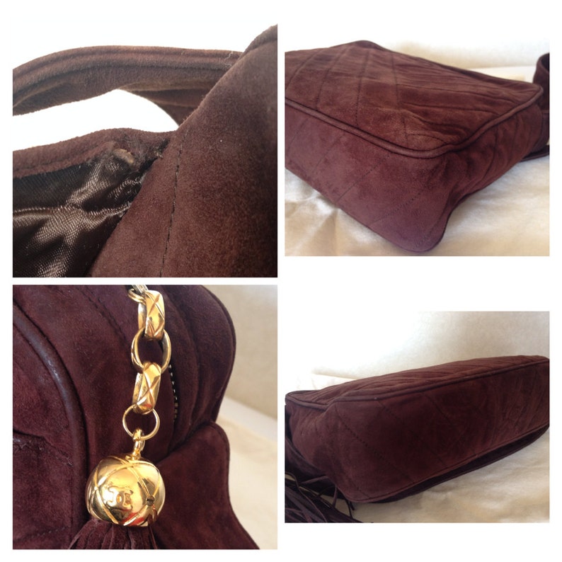 CHANEL Vintage dark brown V stitch suede leather shoulder bag with CC stitch mark and long tassel