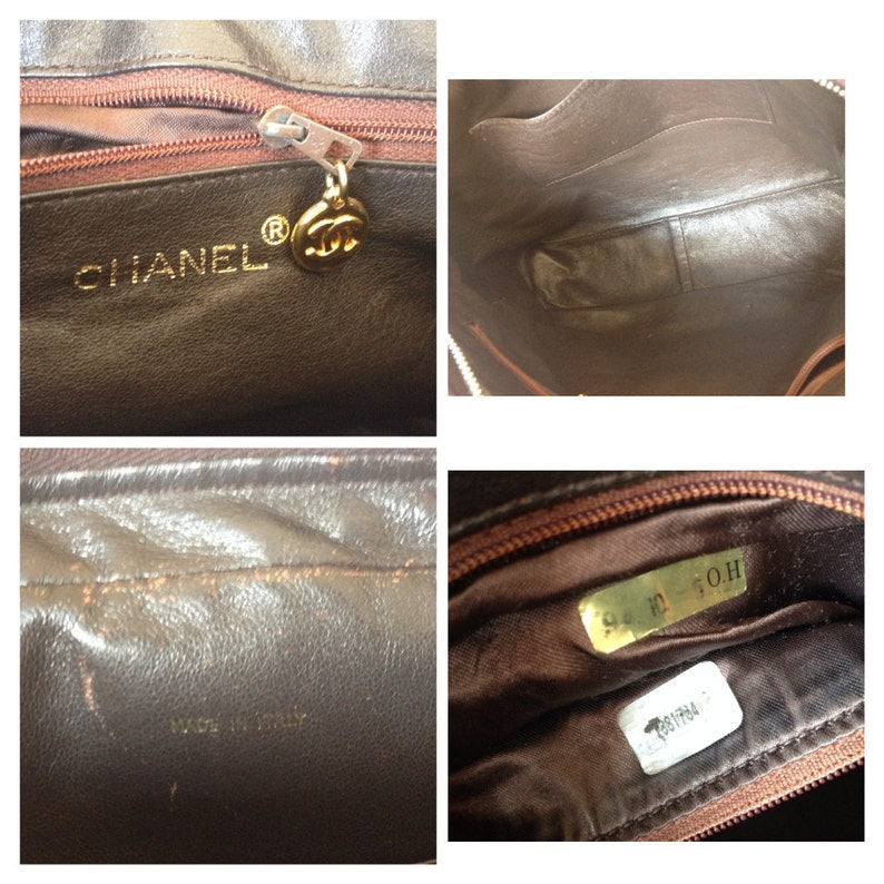 CHANEL Vintage dark brown V stitch suede leather shoulder bag with CC stitch mark and long tassel