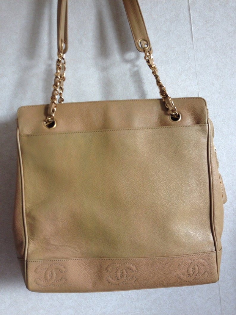 CHANEL Vintage brown beige caviar leather chain tote bag, shoulder purse with CC stitch marks