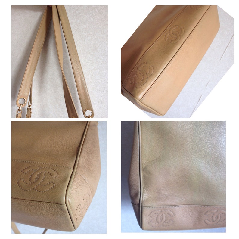 CHANEL Vintage brown beige caviar leather chain tote bag, shoulder purse with CC stitch marks
